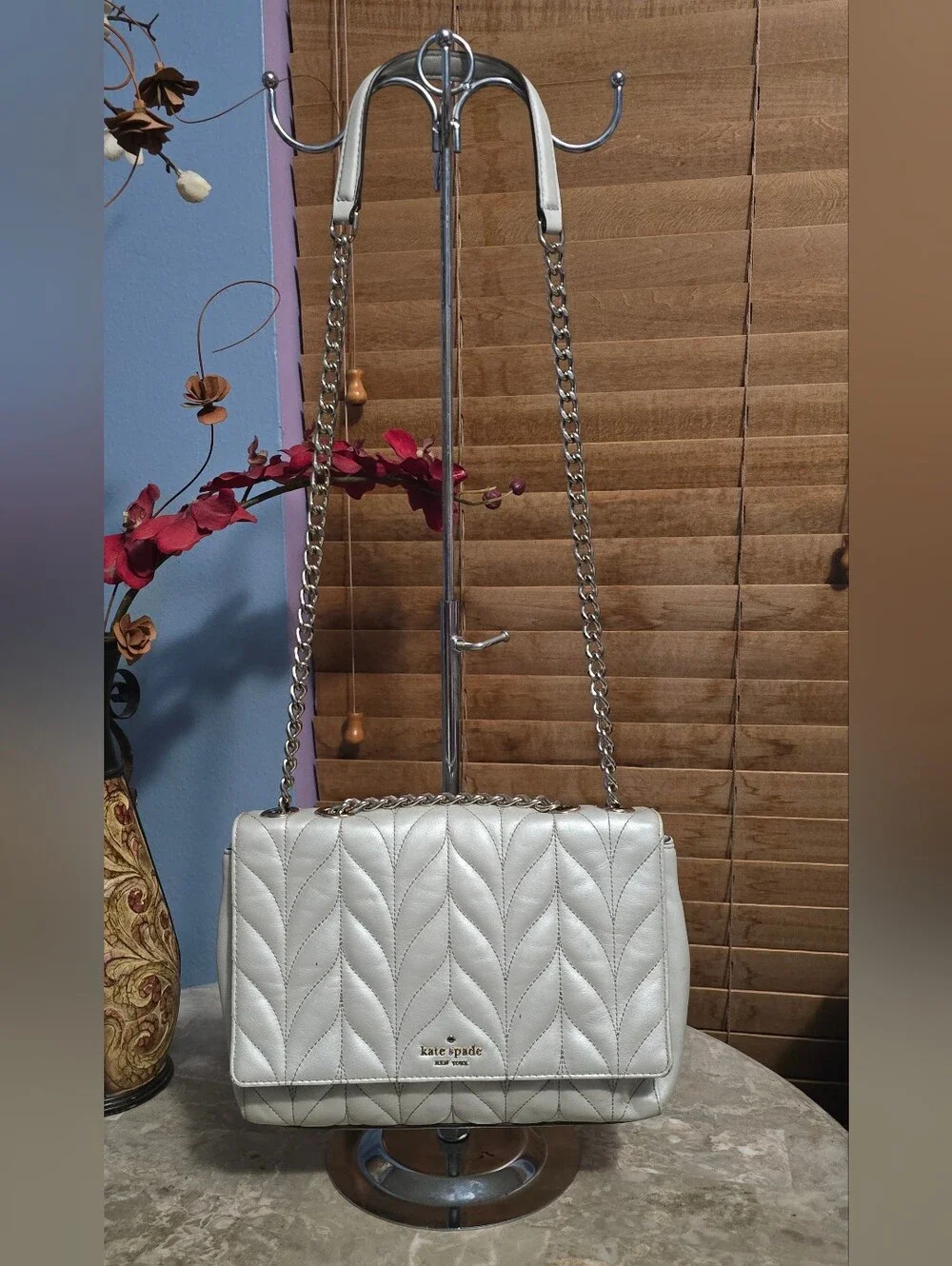 Kate Spade Briar Lane Emelyn Pearl Silver Quilted Leather Chain Crossbody